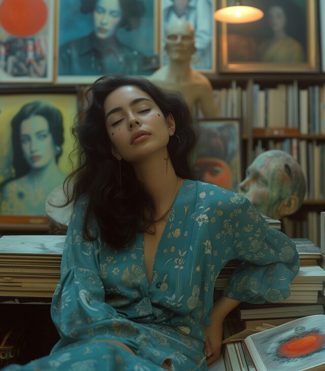 Serene Woman Surrounded by Art